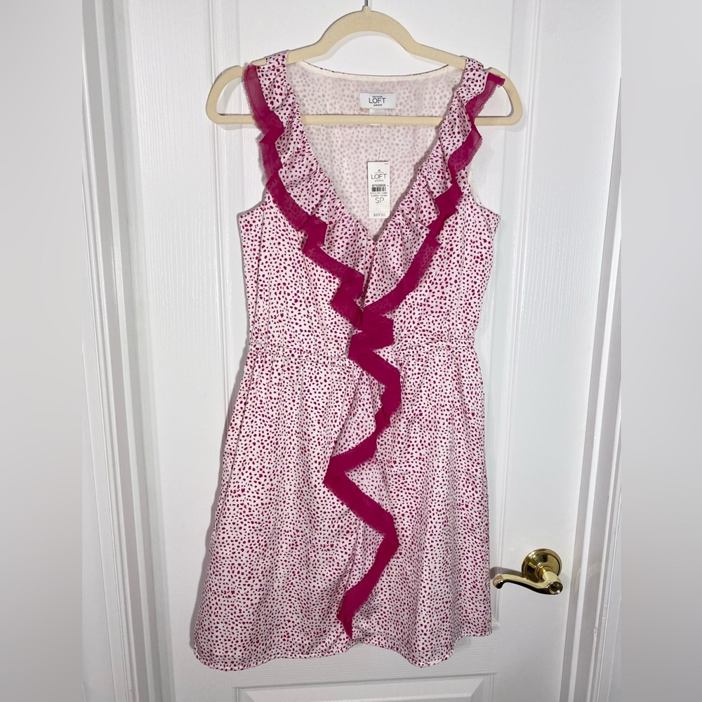 LOFT Ruffle Trim Animal Print Sleeveless Mini Dress Pink White Size Petite Small